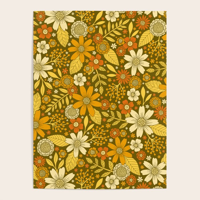 1970s Retro Flowers Pattern in Yellow, Orange & Olive Green Poster Gallery Image 1