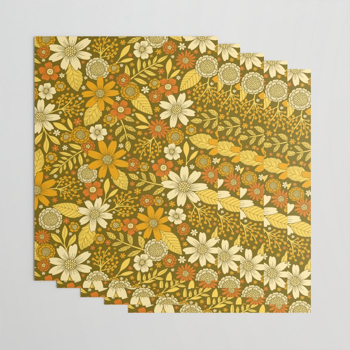 1970s Retro Flowers Pattern in Yellow, Orange & Olive Green Wrapping Paper Gallery Image 3