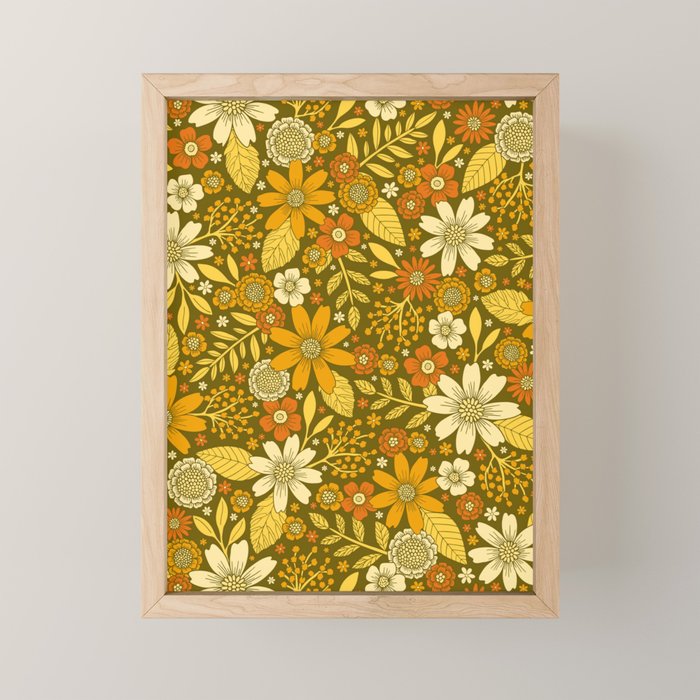 1970s Retro Flowers Pattern in Yellow, Orange & Olive Green Mini Art Print Gallery Image 1