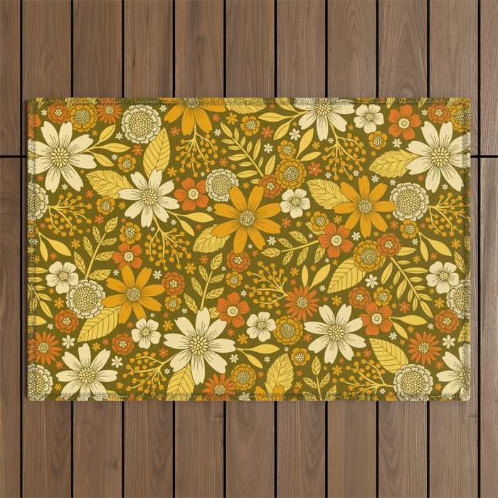 1970s Retro Flowers Pattern in Yellow, Orange & Olive Green Outdoor Rug Gallery Image 1