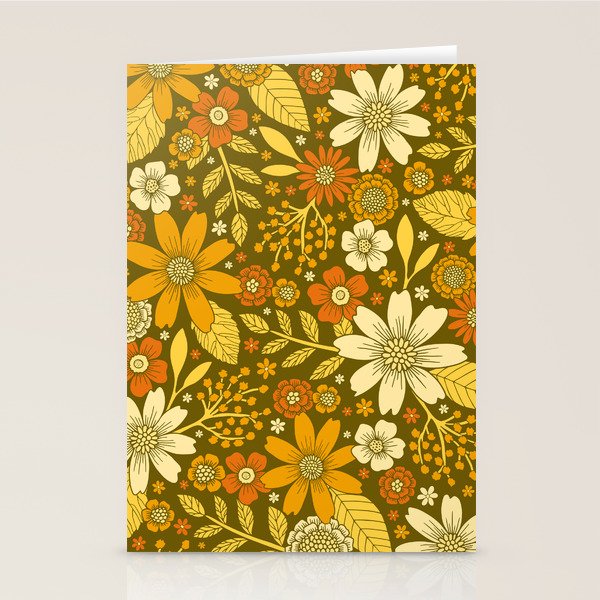1970s Retro Flowers Pattern in Yellow, Orange & Olive Green Stationery Card Gallery Image 2