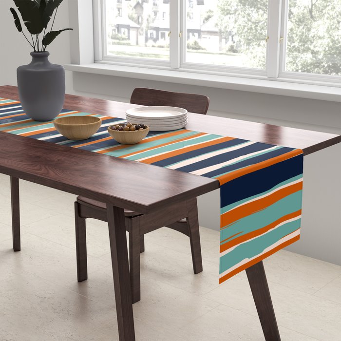 Stripes Abstract, Orange, Teal, Navy Table Runner Gallery Image 2