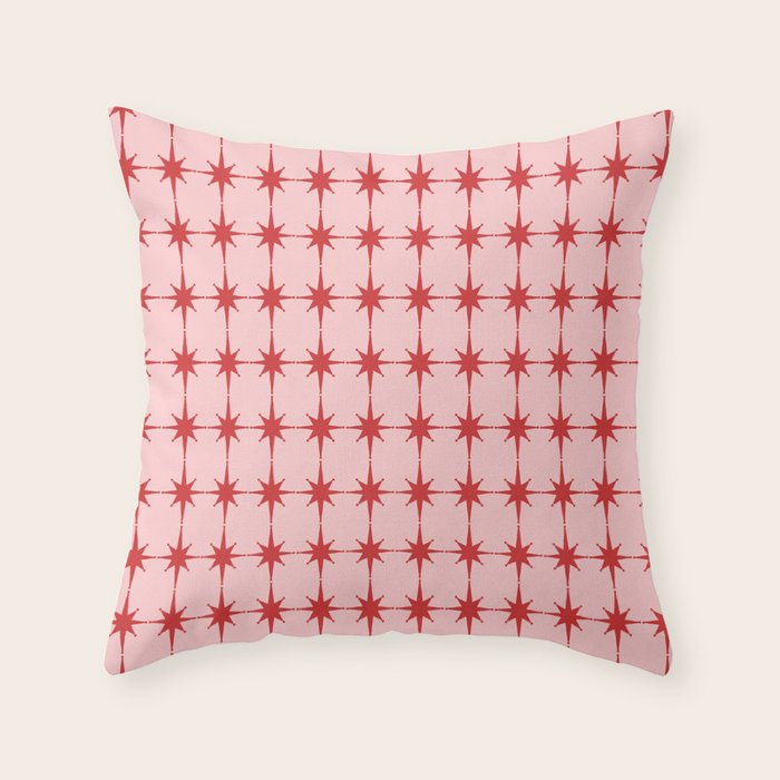Mid Century Modern Atomic Stars Grid in Retro Christmas Red and Pink Throw Pillow Gallery Image 1