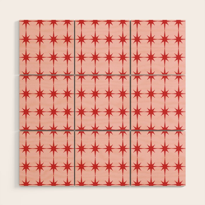 Mid Century Modern Atomic Stars Grid in Retro Christmas Red and Pink Wood Wall Art Gallery Image 1