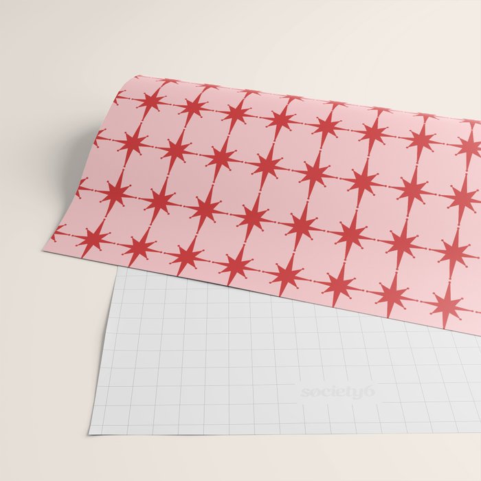Mid Century Modern Atomic Stars Grid in Retro Christmas Red and Pink Wrapping Paper Gallery Image 2