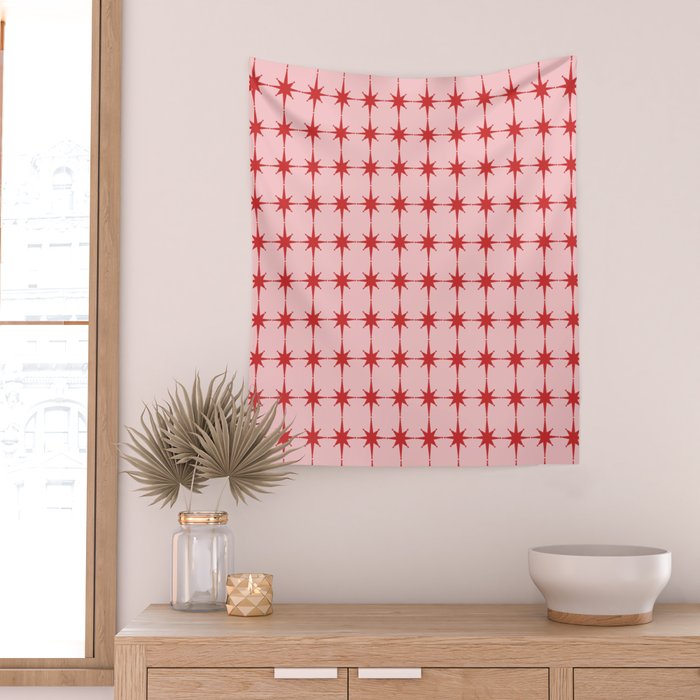 Mid Century Modern Atomic Stars Grid in Retro Christmas Red and Pink Wall Tapestry Gallery Image 2