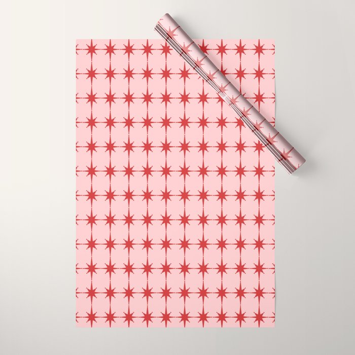 Mid Century Modern Atomic Stars Grid in Retro Christmas Red and Pink Wrapping Paper Gallery Image 1