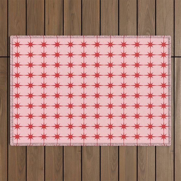 Mid Century Modern Atomic Stars Grid in Retro Christmas Red and Pink Outdoor Rug Gallery Image 1