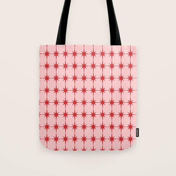 Mid Century Modern Atomic Stars Grid in Retro Christmas Red and Pink Tote Bag Gallery Image 1