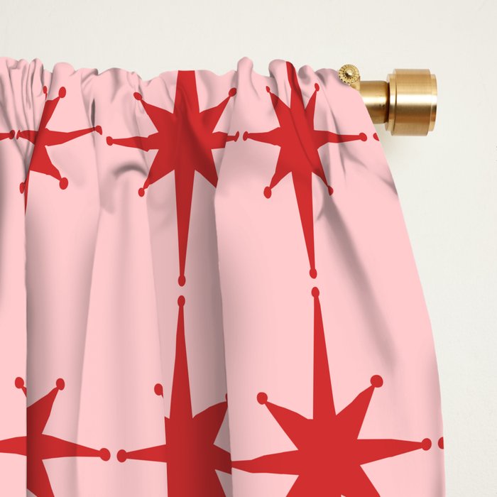 Mid Century Modern Atomic Stars Grid in Retro Christmas Red and Pink Window Curtain Gallery Image 2