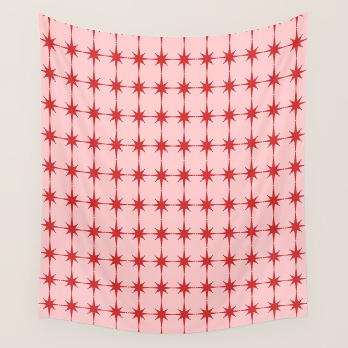 Mid Century Modern Atomic Stars Grid in Retro Christmas Red and Pink Wall Tapestry Gallery Image 1