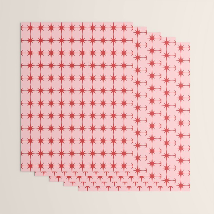 Mid Century Modern Atomic Stars Grid in Retro Christmas Red and Pink Wrapping Paper Gallery Image 3