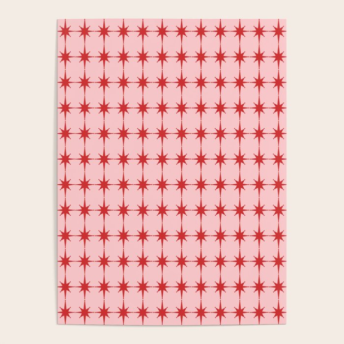 Mid Century Modern Atomic Stars Grid in Retro Christmas Red and Pink Poster Gallery Image 4