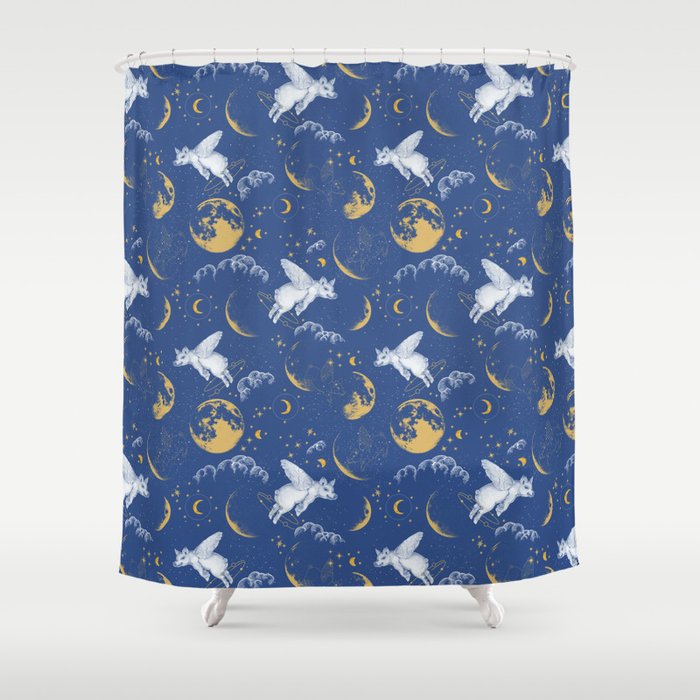 Celestial Pigs lunar blue Shower Curtain Gallery Image 1