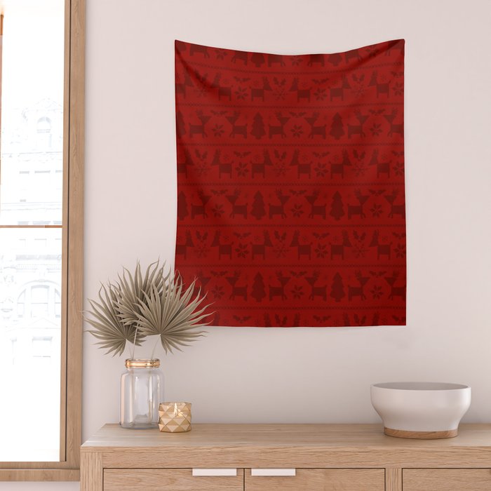 Red Reindeer Fair Isle Print, Red Holiday, Christmas Cheer, Red Christmas Sweater Wall Tapestry Gallery Image 2