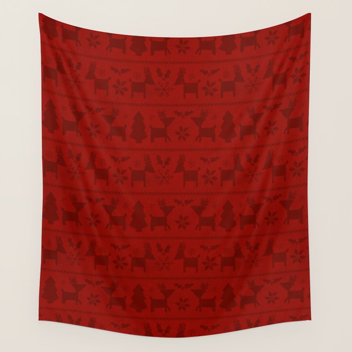 Red Reindeer Fair Isle Print, Red Holiday, Christmas Cheer, Red Christmas Sweater Wall Tapestry Gallery Image 1
