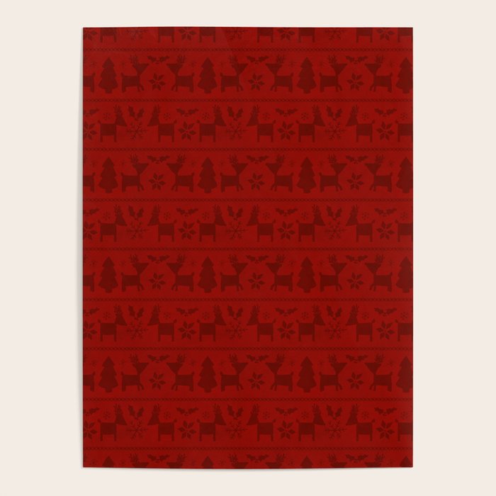 Red Reindeer Fair Isle Print, Red Holiday, Christmas Cheer, Red Christmas Sweater Poster Gallery Image 1