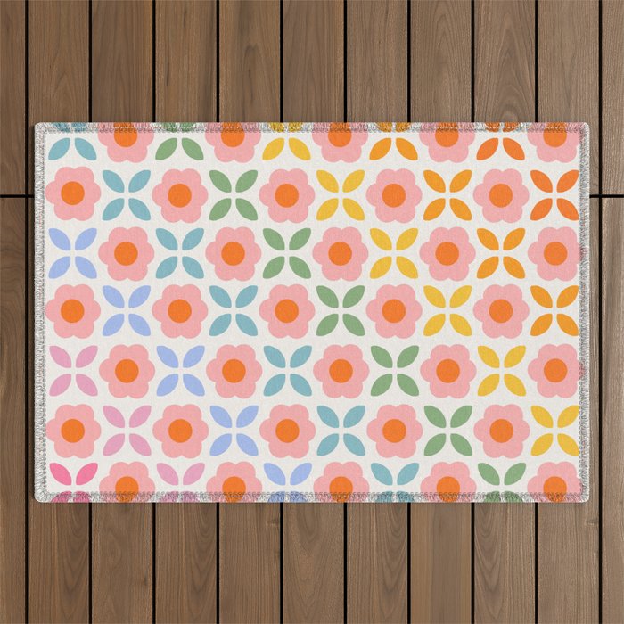 Retro Flower Pattern - rainbow Outdoor Rug Gallery Image 1