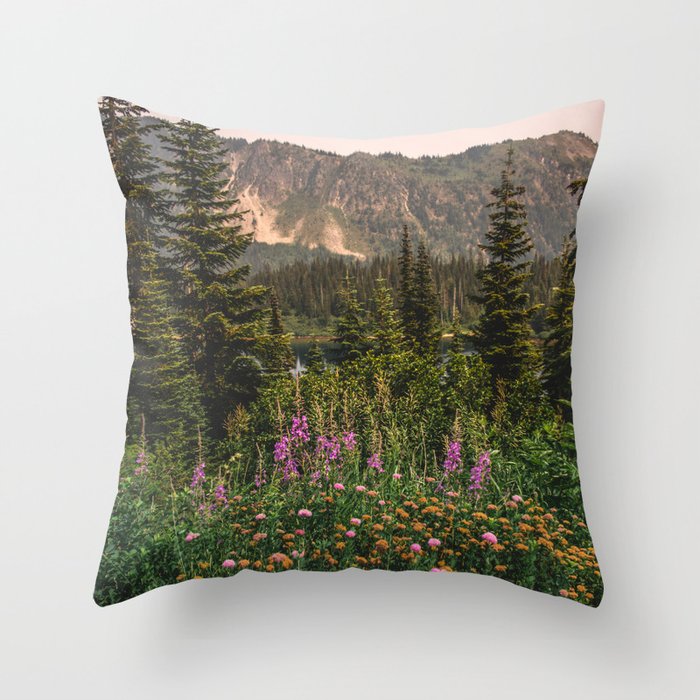 Mount Rainier Wildflower Adventure VI - Pacific Northwest Mountain Forest Wanderlust Throw Pillow Gallery Image 6