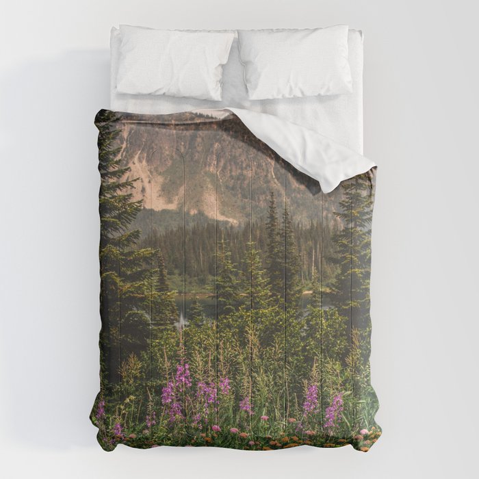 Mount Rainier Wildflower Adventure VI - Pacific Northwest Mountain Forest Wanderlust Comforter Gallery Image 6