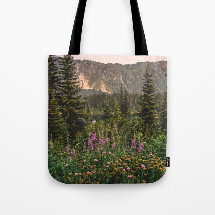 Mount Rainier Wildflower Adventure VI - Pacific Northwest Mountain Forest Wanderlust Tote Bag Gallery Image 1