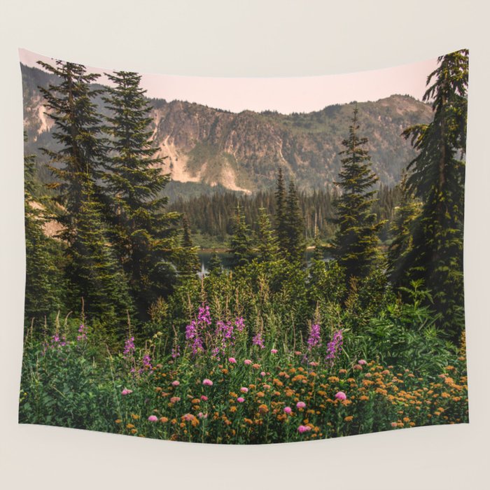Mount Rainier Wildflower Adventure VI - Pacific Northwest Mountain Forest Wanderlust Wall Tapestry Gallery Image 4