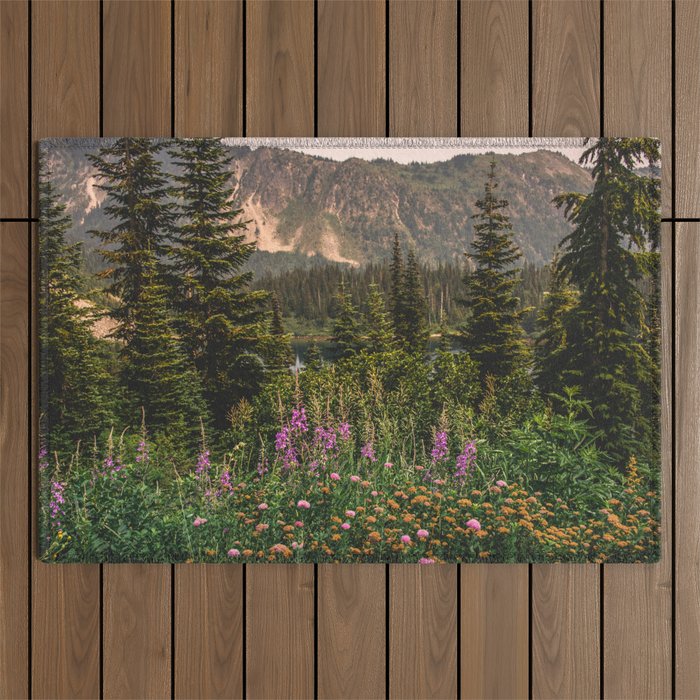 Mount Rainier Wildflower Adventure VI - Pacific Northwest Mountain Forest Wanderlust Outdoor Rug Gallery Image 1