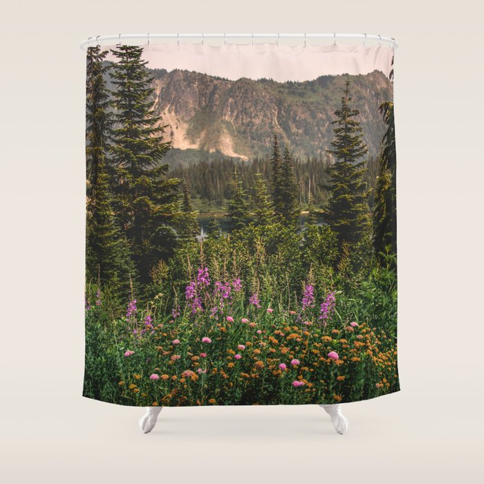 Mount Rainier Wildflower Adventure VI - Pacific Northwest Mountain Forest Wanderlust Shower Curtain Gallery Image 1