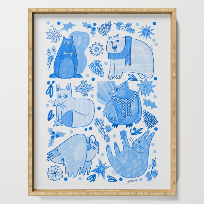 Winter Forest Woodland Animals in Blue Serving Tray Gallery Image 1