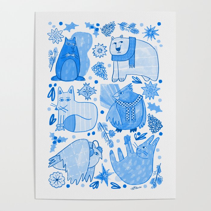 Winter Forest Woodland Animals in Blue Poster Gallery Image 4