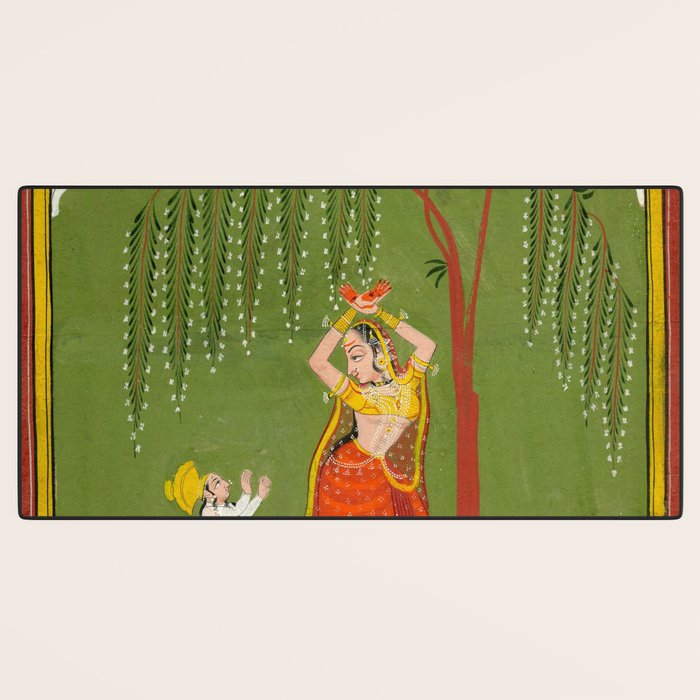 A female attendant is standing in tribhanga pose under a tree. A small child vies for her attention. Desk Mat Gallery Image 3