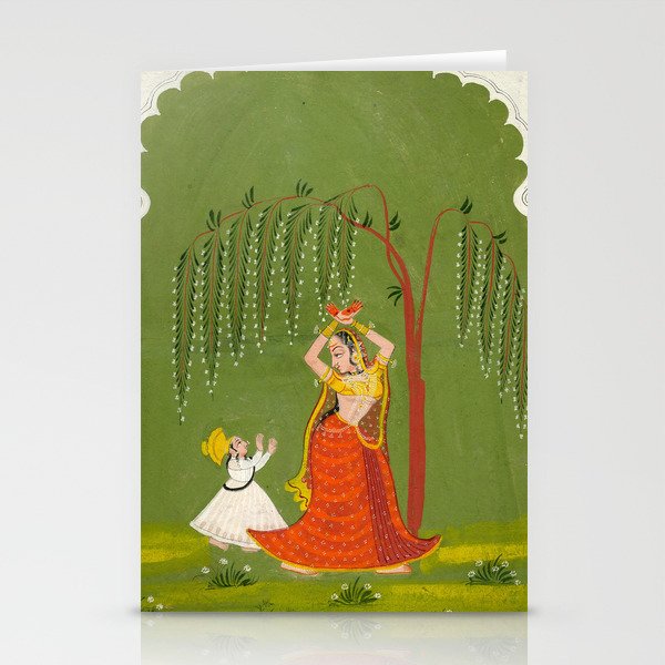 A female attendant is standing in tribhanga pose under a tree. A small child vies for her attention. Stationery Card Gallery Image 1