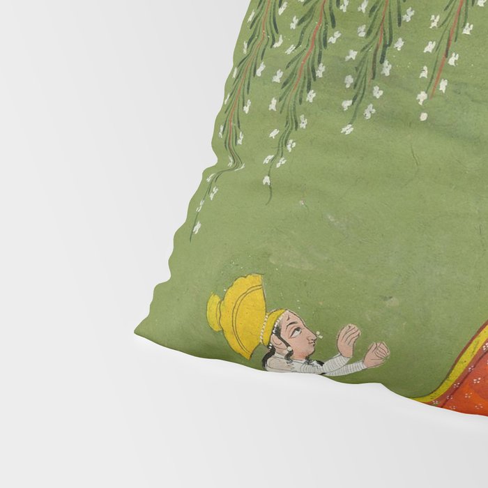 A female attendant is standing in tribhanga pose under a tree. A small child vies for her attention. Pillow Sham Gallery Image 4