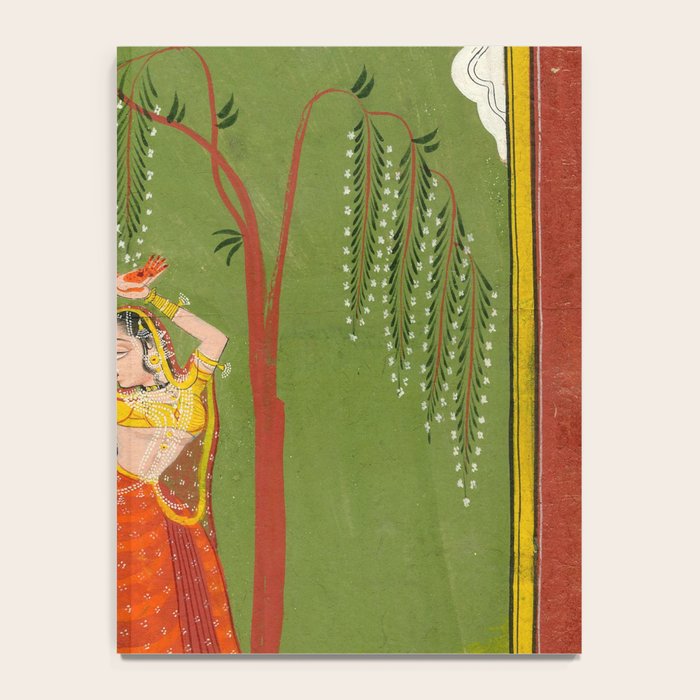 A female attendant is standing in tribhanga pose under a tree. A small child vies for her attention. Notebook Gallery Image 4