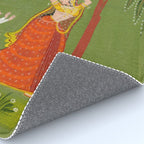A female attendant is standing in tribhanga pose under a tree. A small child vies for her attention. Rug Gallery Image 4
