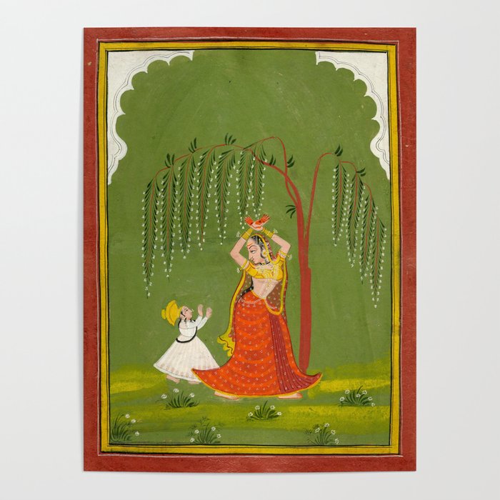 A female attendant is standing in tribhanga pose under a tree. A small child vies for her attention. Poster Gallery Image 1