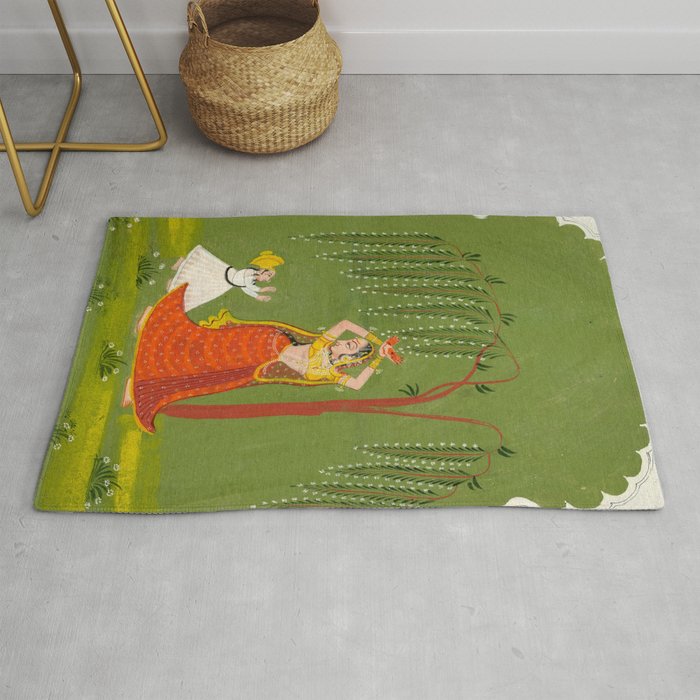 A female attendant is standing in tribhanga pose under a tree. A small child vies for her attention. Rug Gallery Image 1