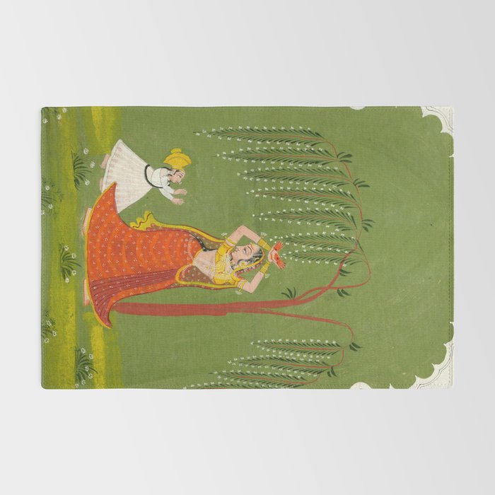 A female attendant is standing in tribhanga pose under a tree. A small child vies for her attention. Rug Gallery Image 2