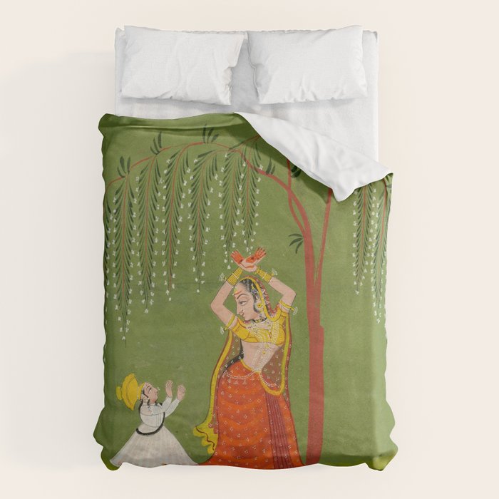 A female attendant is standing in tribhanga pose under a tree. A small child vies for her attention. Duvet Cover Gallery Image 6