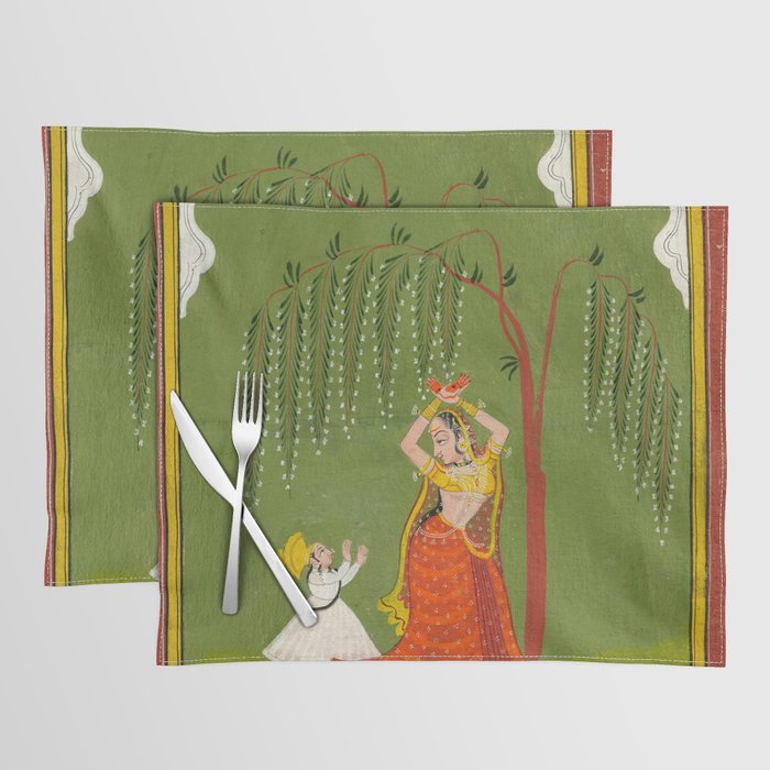 A female attendant is standing in tribhanga pose under a tree. A small child vies for her attention. Placemat Gallery Image 1