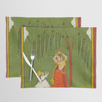 A female attendant is standing in tribhanga pose under a tree. A small child vies for her attention. Placemat Gallery Image 1
