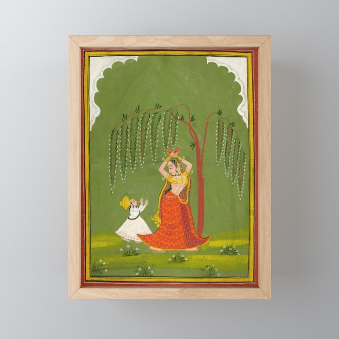 A female attendant is standing in tribhanga pose under a tree. A small child vies for her attention. Mini Art Print Gallery Image 1