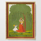 A female attendant is standing in tribhanga pose under a tree. A small child vies for her attention. Serving Tray Gallery Image 1