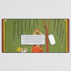 A female attendant is standing in tribhanga pose under a tree. A small child vies for her attention. Desk Mat Gallery Image 1