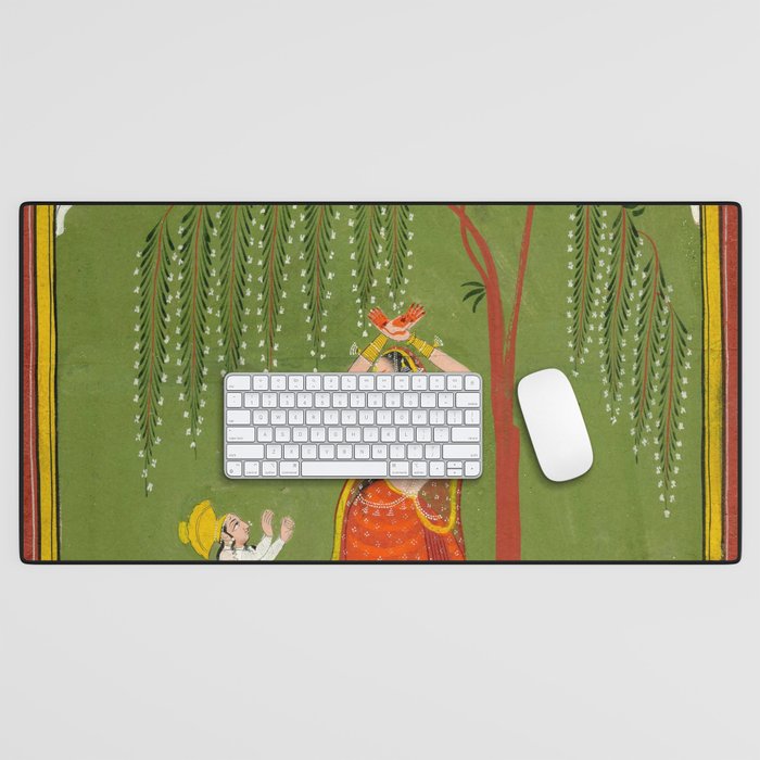 A female attendant is standing in tribhanga pose under a tree. A small child vies for her attention. Desk Mat Gallery Image 1