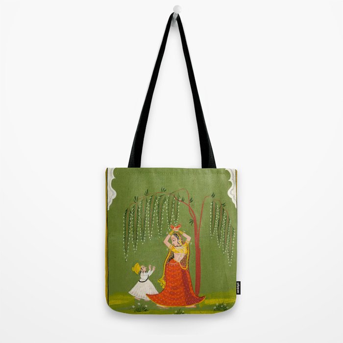 A female attendant is standing in tribhanga pose under a tree. A small child vies for her attention. Tote Bag Gallery Image 2