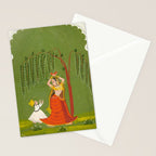 A female attendant is standing in tribhanga pose under a tree. A small child vies for her attention. Stationery Card Gallery Image 2