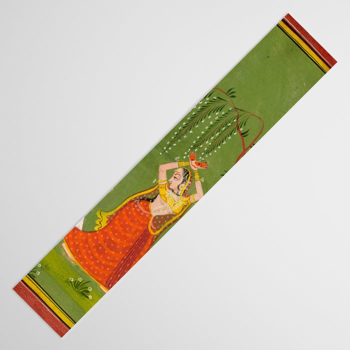A female attendant is standing in tribhanga pose under a tree. A small child vies for her attention. Table Runner Gallery Image 3