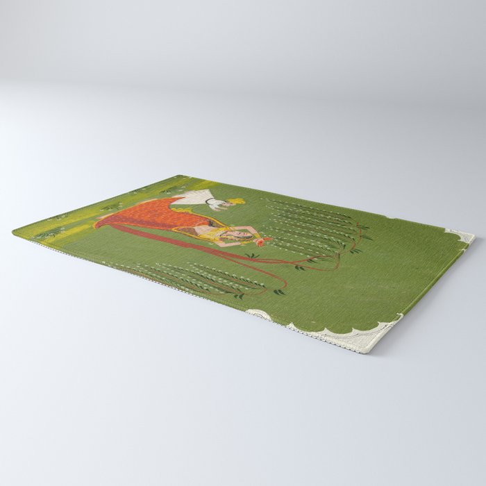 A female attendant is standing in tribhanga pose under a tree. A small child vies for her attention. Rug Gallery Image 3