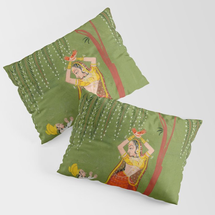 A female attendant is standing in tribhanga pose under a tree. A small child vies for her attention. Pillow Sham Gallery Image 1